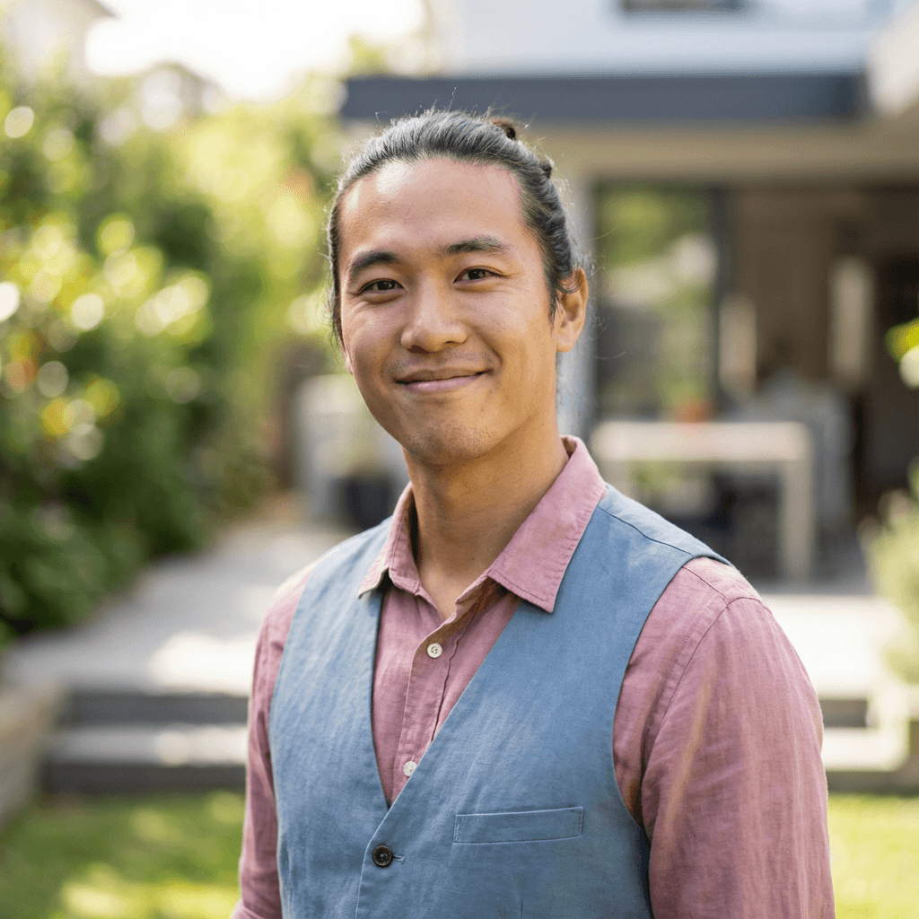 Daniel Kim, partner, in a sharp blazer, standing near a window in a modern office