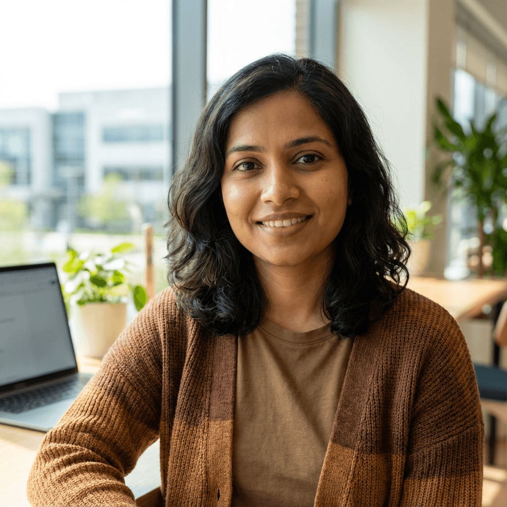 Priya Patel, principal, in a smart blouse, reviewing documents at a wooden desk