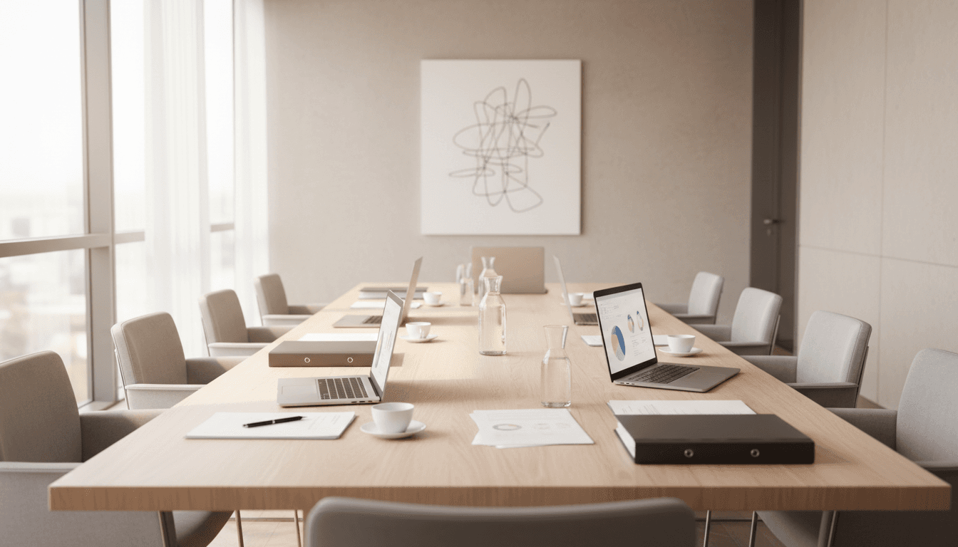 A clean boardroom table with a laptop and papers, suggesting a funding conversation