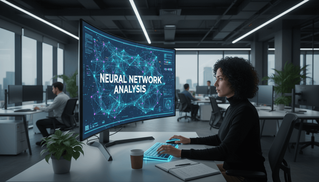 Data scientist reviewing AI model output on a dual-monitor setup in a modern office