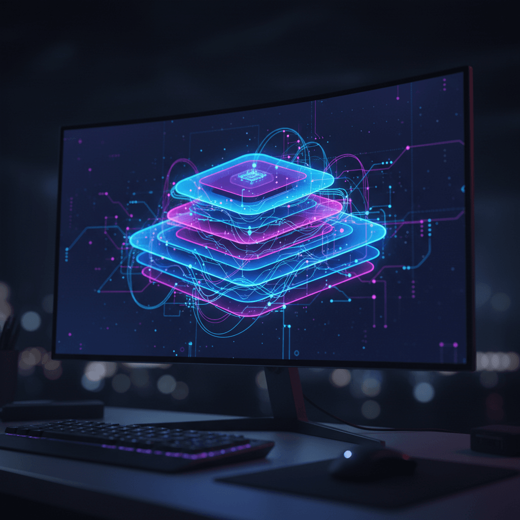 Abstract visualization of AI neural network in a dark modern office