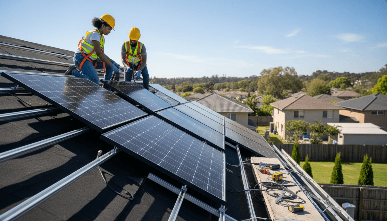 Technicians installing solar panels on a commercial rooftop