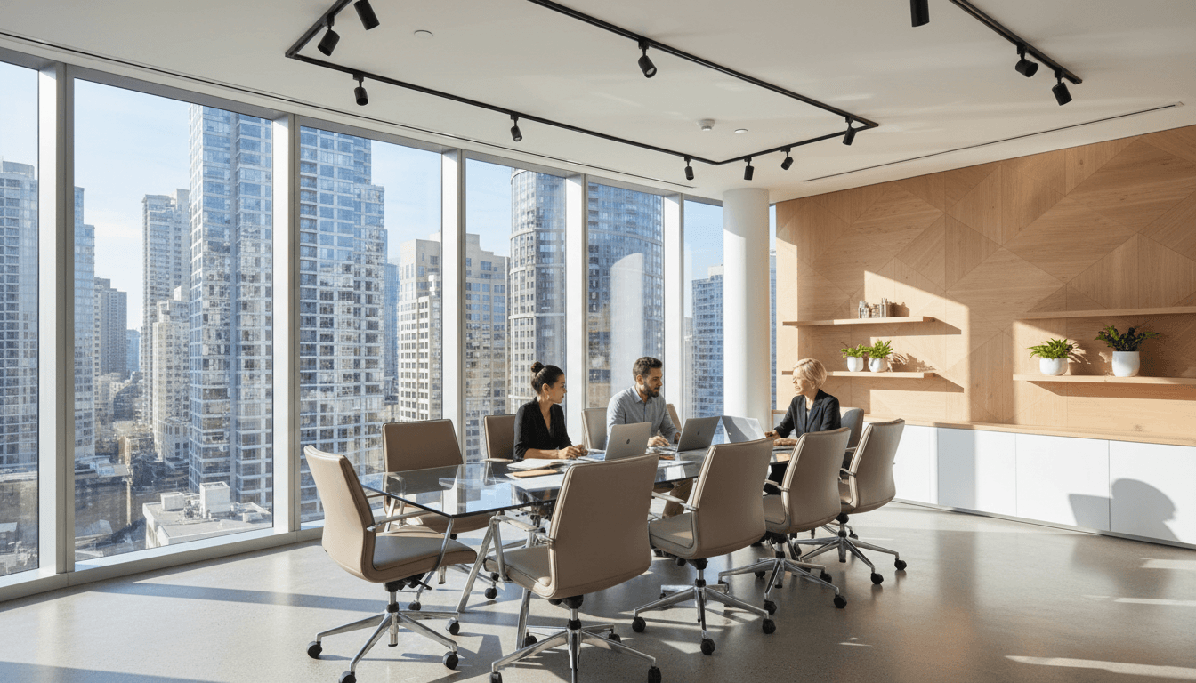 Bright modern meeting room overlooking the city skyline