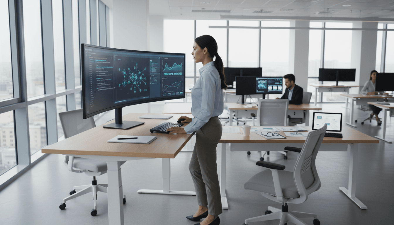 Professional reviewing data models on a large monitor in a modern office