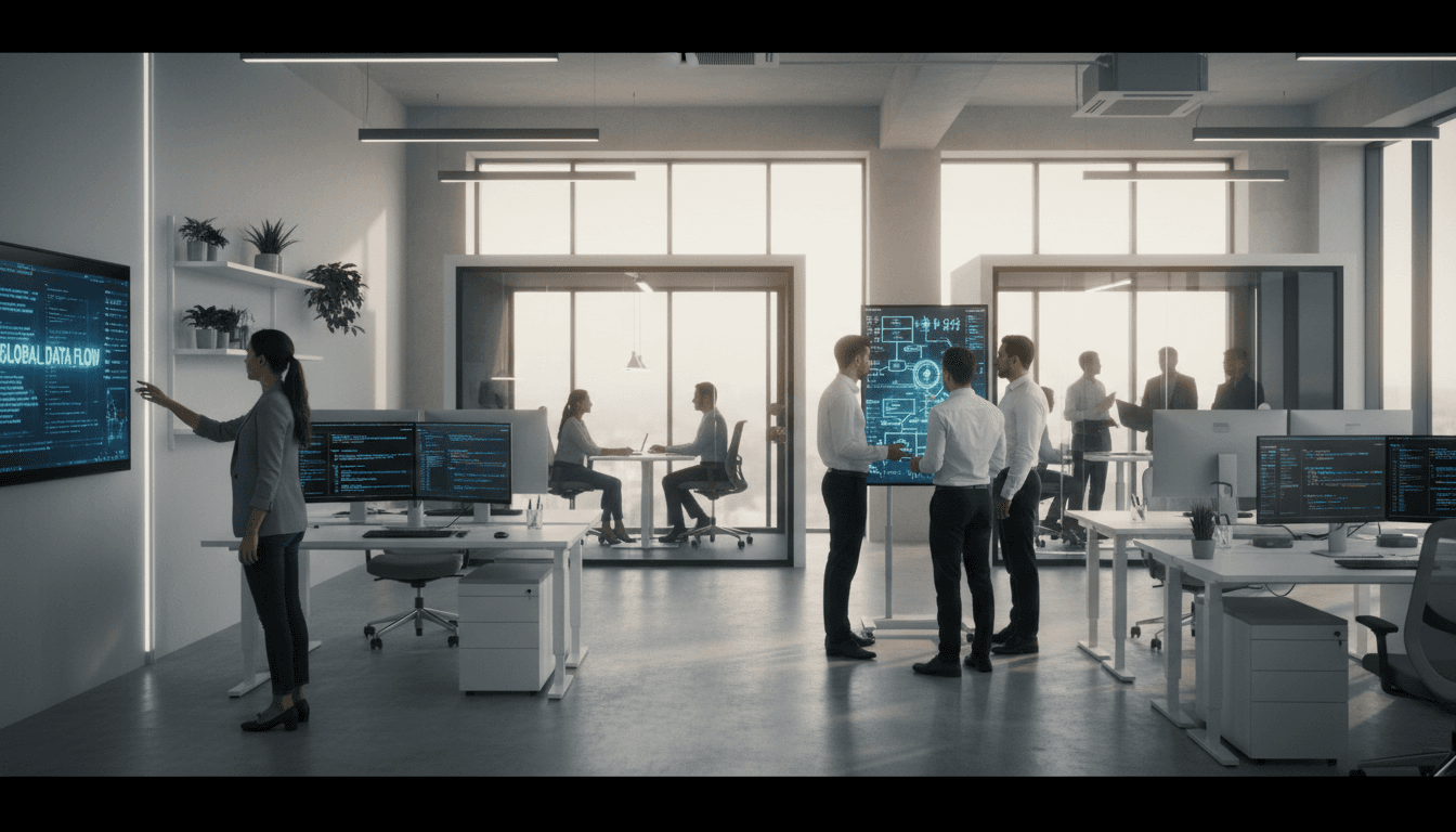 Engineering team reviewing analytics dashboards together in a bright modern office