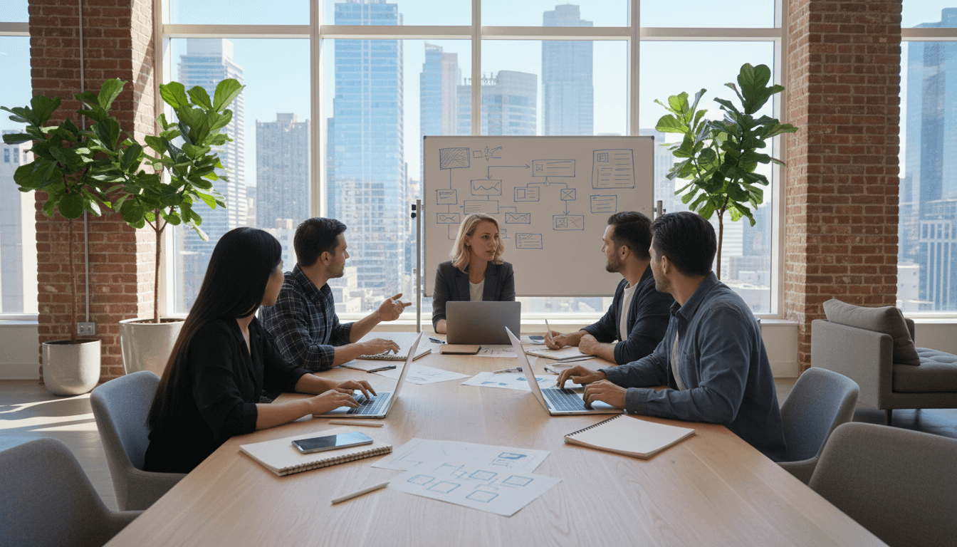 Modern professional team in a bright office with a city view