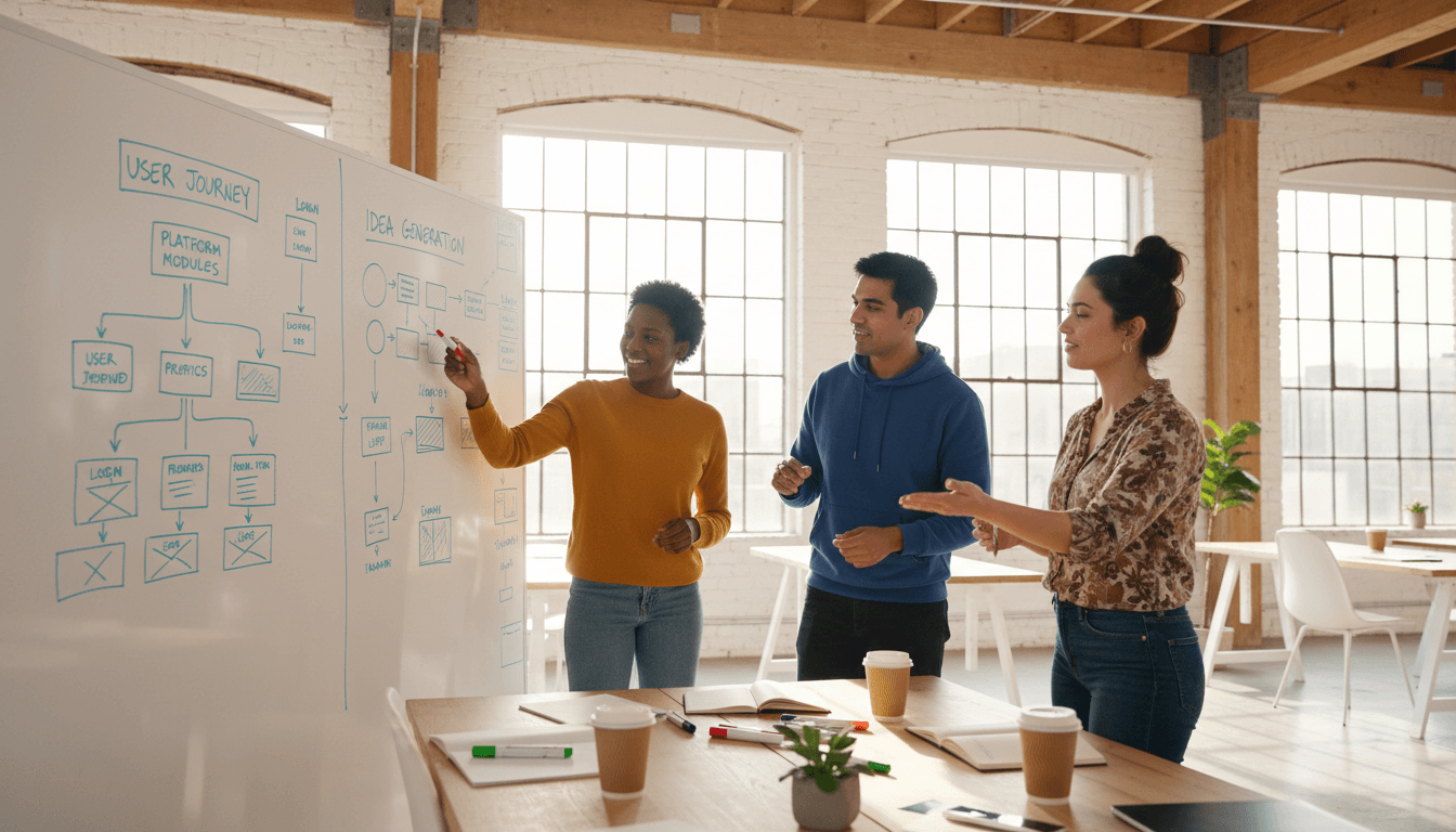 Software team in an agile planning session mapping a product roadmap