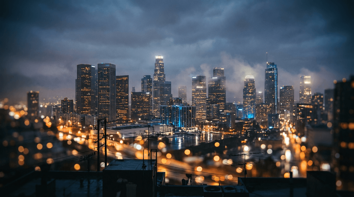 Sydney skyline at dusk with warm office lights