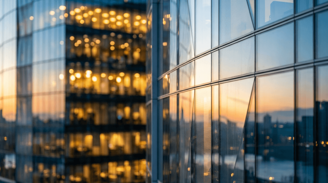 Modern glass office building at dusk