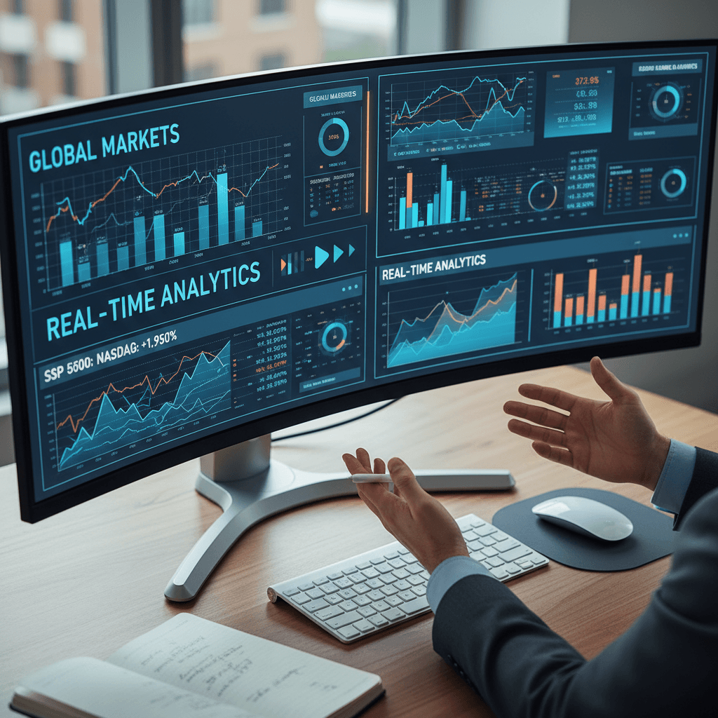 Financial analysts reviewing market data on screens in a modern investment office