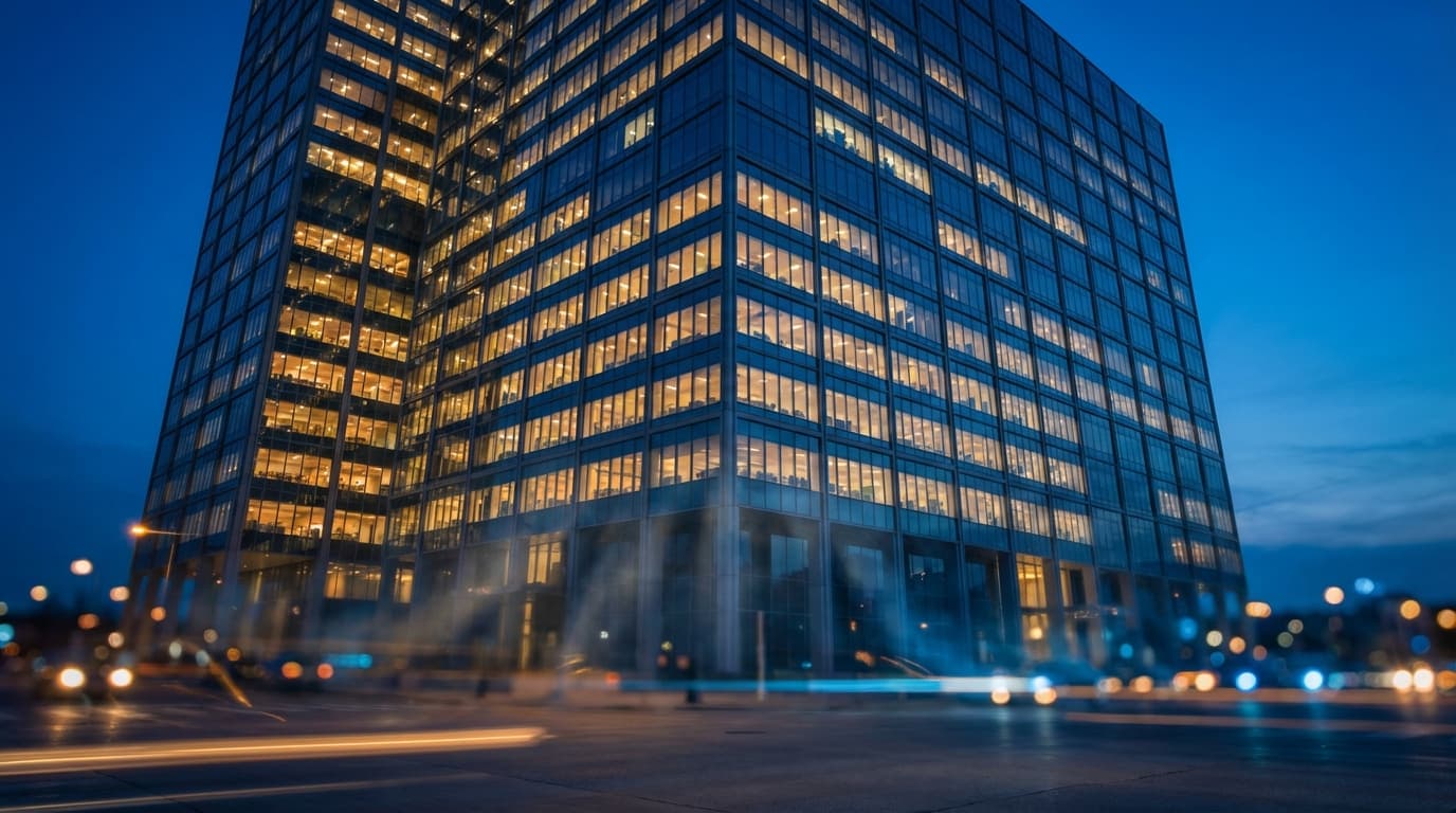 Modern glass office building at dusk with warm interior lighting