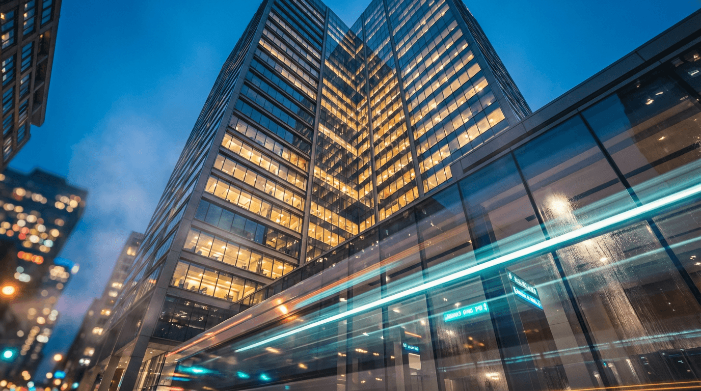 Modern office interior overlooking Sydney skyline at dusk